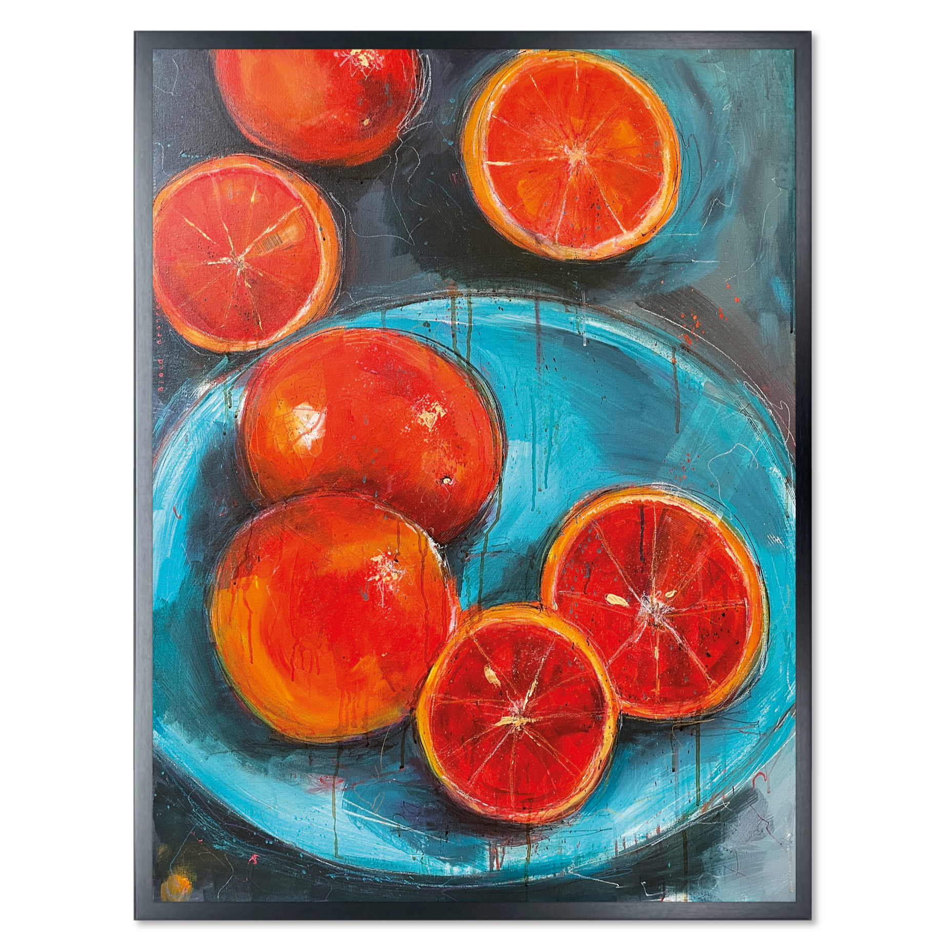 Large mixed media painting of blood oranges by emma sherry