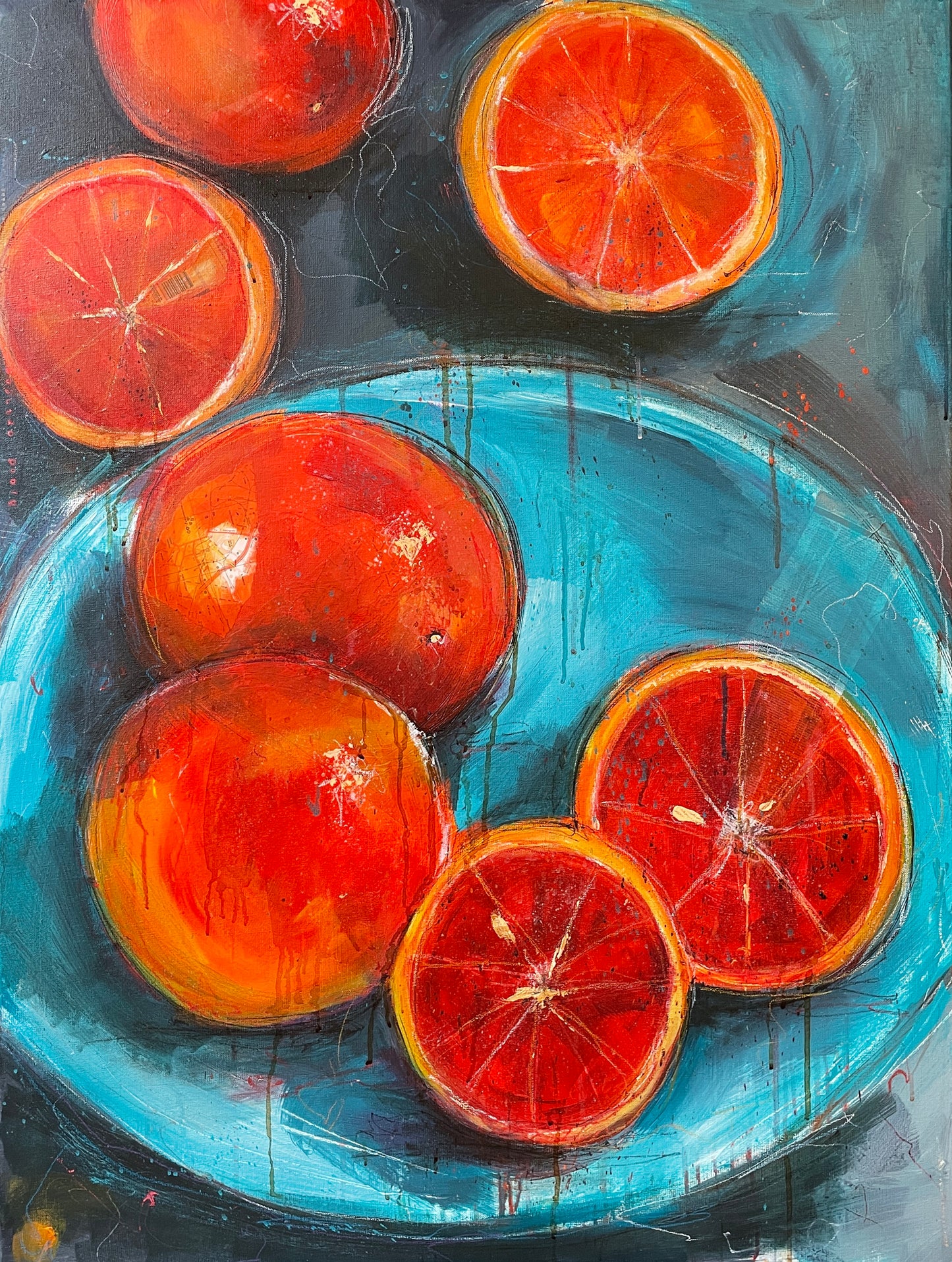 Large canvas acrylic and collage of blood oranges