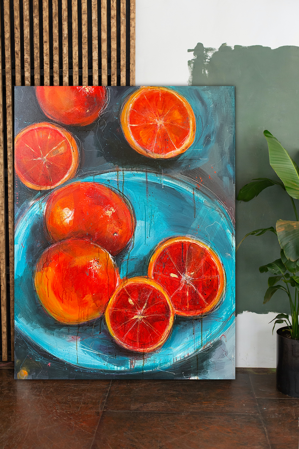 Large still life painting of blood oranges by emma sherry